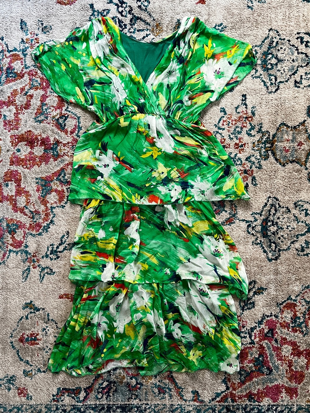 Green Floral Tiered V-Neck Dress